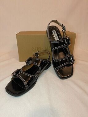 Steve Madden Black Patent Double Buckle Sandals